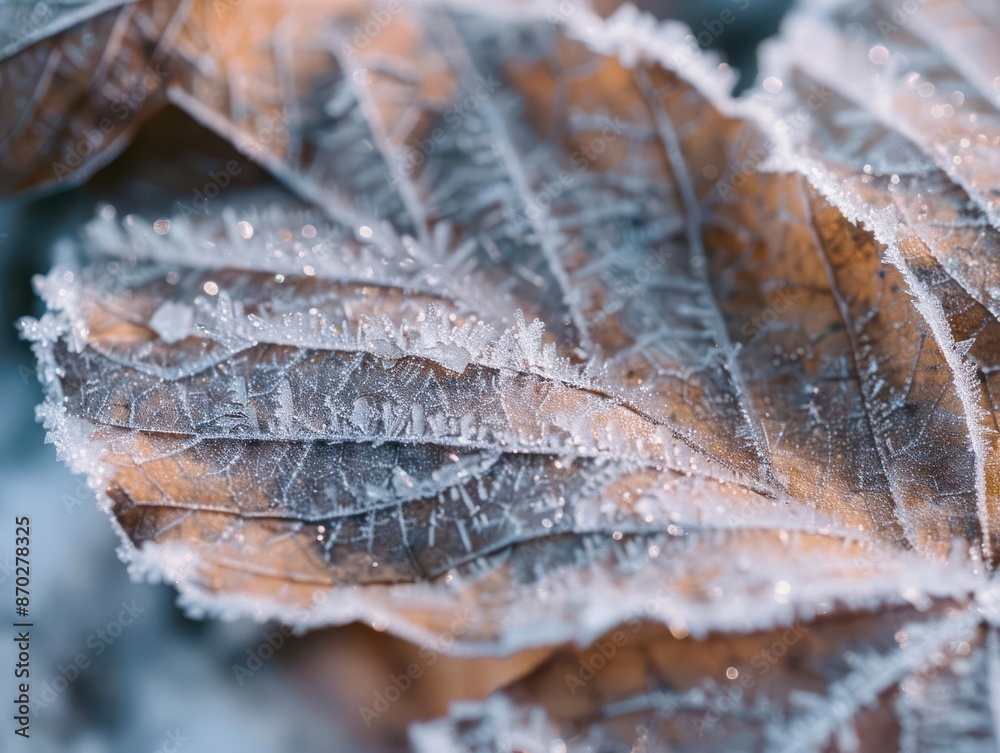 Closeup of frost crystals on a leaf, capturing the fine, sparkling details of ice covering the surface, suitable for nature and winter photography, copy space Closeup of frost crystals on a leaf, capturing the fine, sparkling details of ice covering the surface, suitable for nature and winter photography, copy space