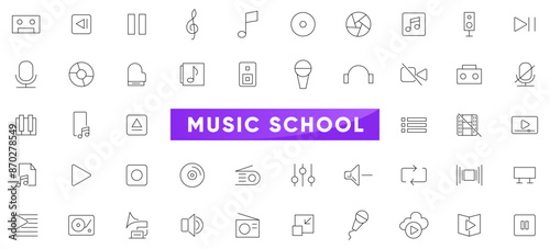 Music school linear icon set. School, instruments, students, sheet music, scores, education outline icon collection. UI thin outline icons pack.