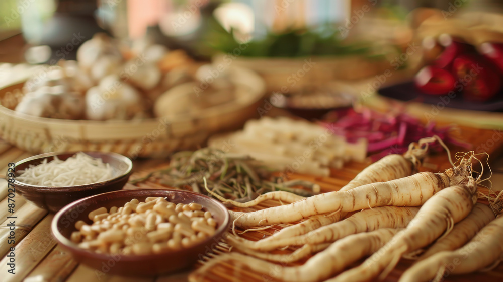 Fototapeta premium Assorted Asian Herbs and Ingredients on Bamboo Mat with Bowls of Beans and Vermicelli