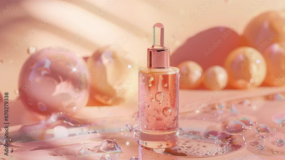 cosmetical serum product photos with water drops, professional light, beige and dusty rose colors full body cosmetical serum product photos with water drops, professional light, beige and dusty rose colors full body