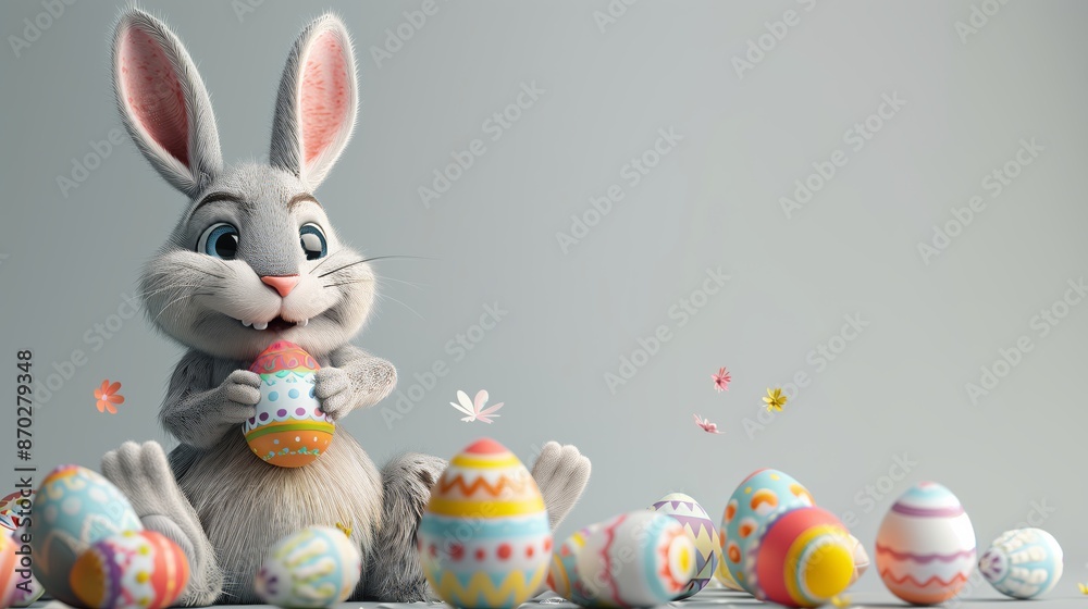 Adorable Easter Bunny with Egg and Spring Flowers in Pastel Colors Adorable Easter Bunny with Egg and Spring Flowers in Pastel Colors