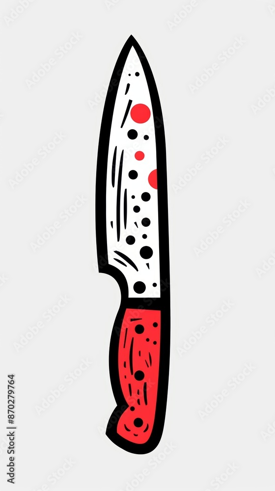 Cartoon Illustration of Kitchen Knife with Red Handle and Black Dots on Blade Cartoon Illustration of Kitchen Knife with Red Handle and Black Dots on Blade