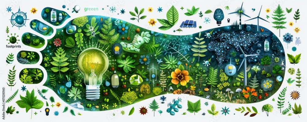 Obraz premium An eco-friendly footprint showcasing sustainable energy with vibrant plants, green innovation and clean technology. Renewable energy and energy conservation for a greener future.