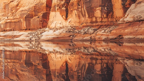 A majestic cliff towers over a serene body of water, its reflection shimmering on the surface. 