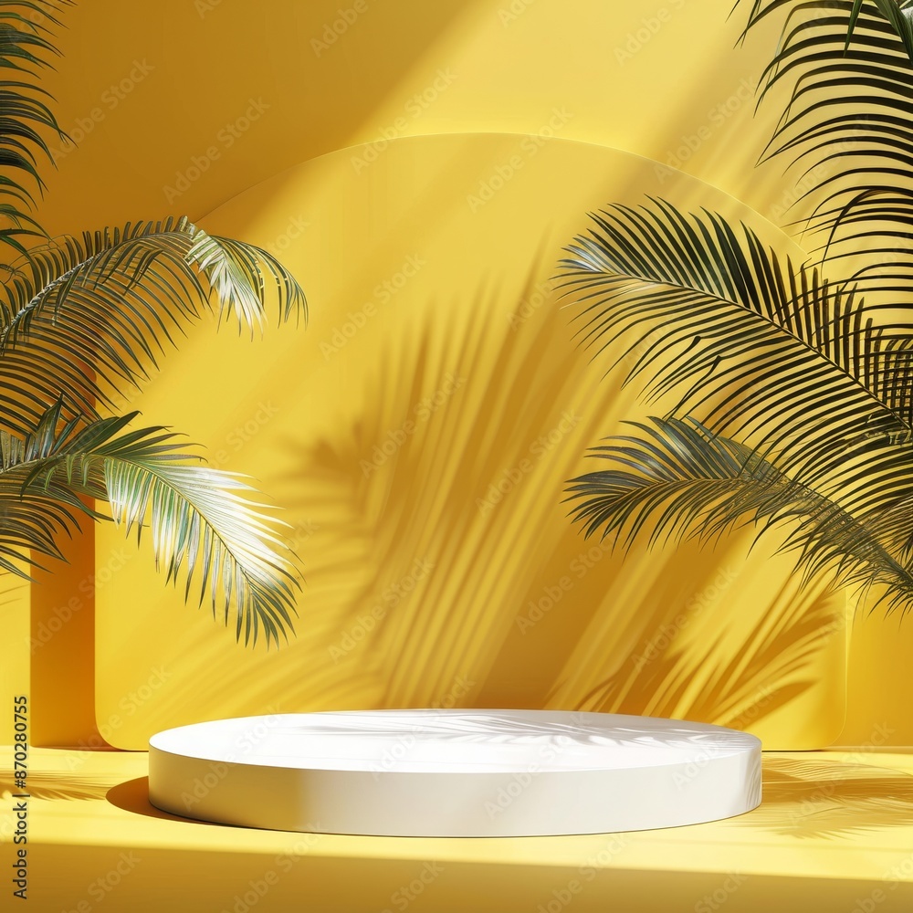 Empty white podium with tropical palm leaves and shadows on a bright yellow background. Perfect for showcasing beauty and cosmetic products. Empty white podium with tropical palm leaves and shadows on a bright yellow background. Perfect for showcasing beauty and cosmetic products.
