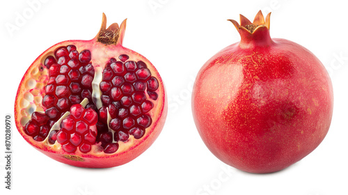 A close-up of a red pomegranate with a slice missing isolated on a transparent background