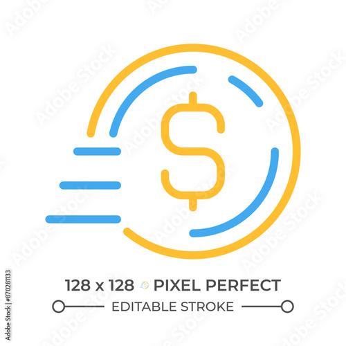 Coin in motion two color line icon. Bank transfer payment. Sending money. Digital wallet transaction bicolor outline symbol. Duotone linear pictogram. Isolated illustration. Editable stroke
