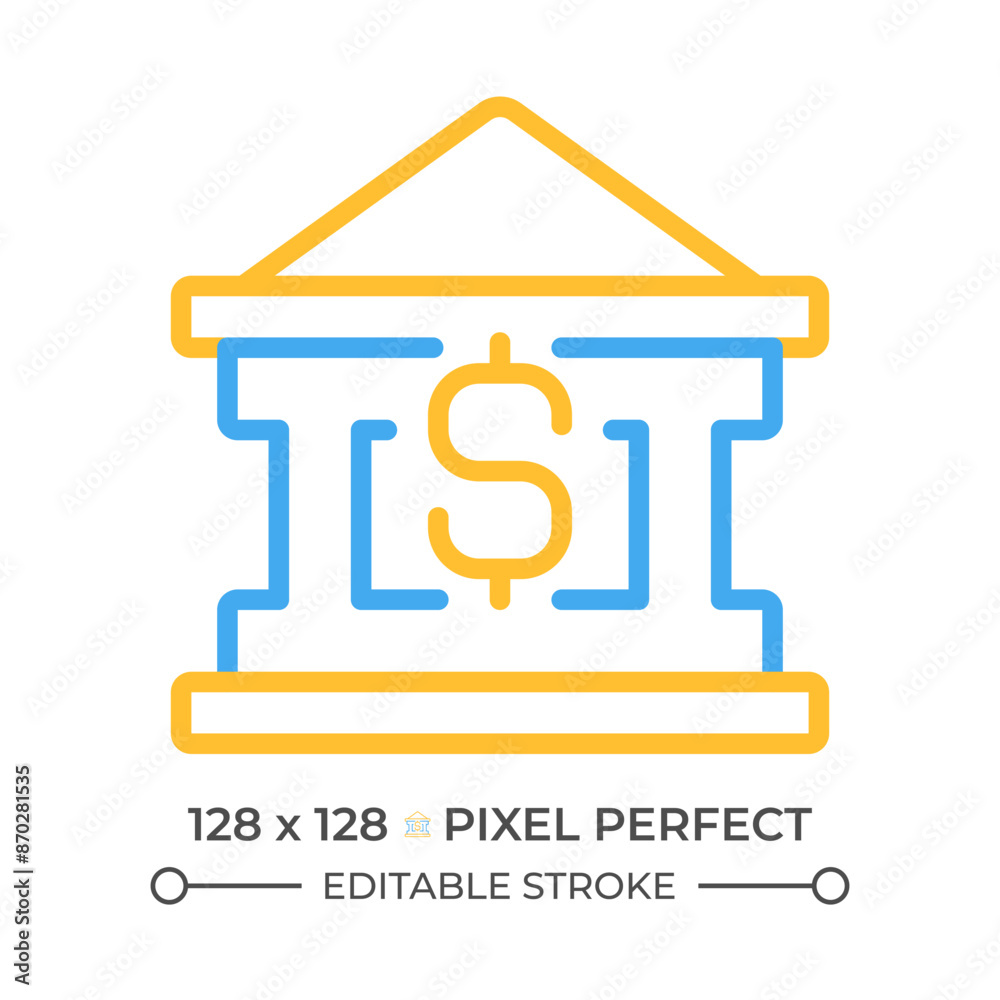 Bank building two color line icon. Financing business. Borrow money. Personal loans. Cash needs bicolor outline symbol. Duotone linear pictogram. Isolated illustration. Editable stroke Bank building two color line icon. Financing business. Borrow money. Personal loans. Cash needs bicolor outline symbol. Duotone linear pictogram. Isolated illustration. Editable stroke