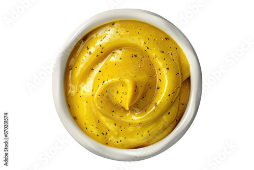 Mustard in white bowl isolated on transparent background photo