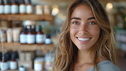 Key account manager smiling in a store with shelves of products