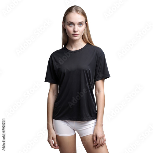 Beautiful woman wearing black t-shirt isolated on transparent background
