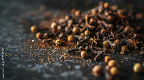 A close-up image of whole cloves and star anise scattered on a black surface