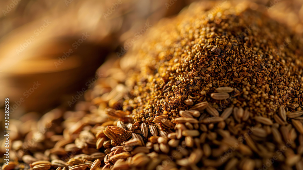 Obraz premium A close-up image of a pile of fennel seeds with a mound of ground spice blend on top