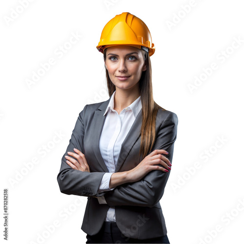Female engineer with safety helmet on his head, isolated on transparent background