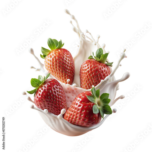 Fresh strawberries with splashing milk, isolated on transparent background