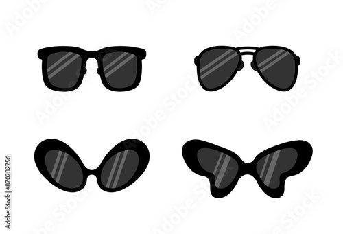 Retro Glasses. Sunglasses of different shapes in flat style. Aviator, Oversized, Butterfly, Wayfarer. Dark glasses with glare. Party glasses. Vector isolated illustrations