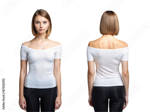 Front and black view of beautiful woman standing wearing white off shoulder t-shirt and black leggings, isolated on transparent background © whyt