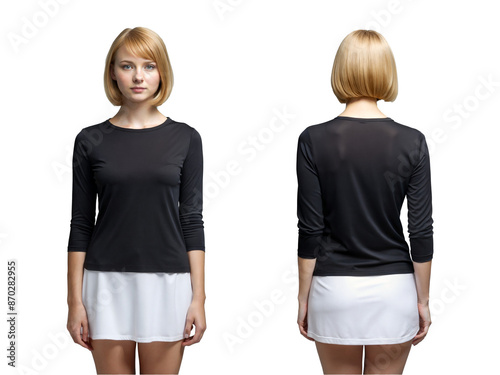 Front and black view of beautiful woman wearing blank black long sleeve t-shirt and mini skirt, isolated on transparent background