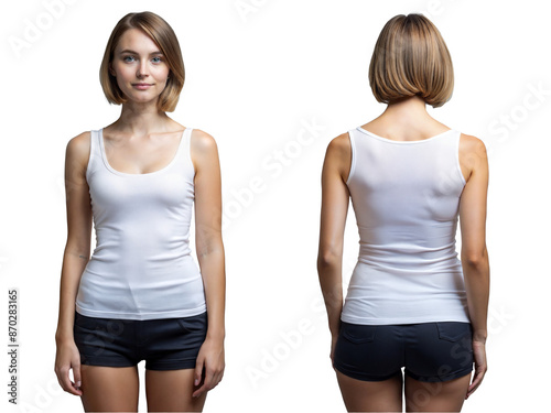 Front and black view of beautiful woman wearing white tank top and black pants, isolated on transparent background