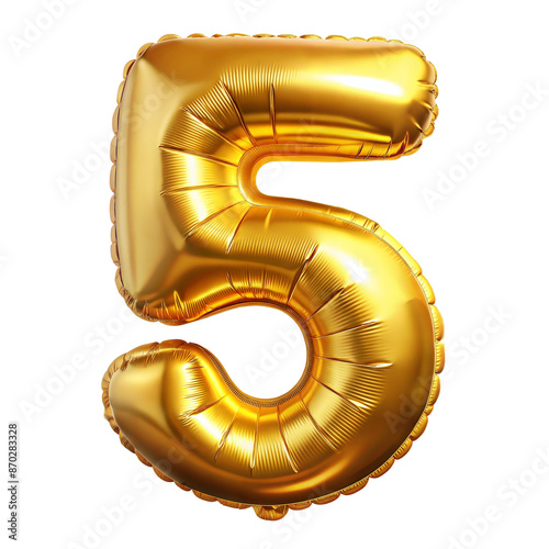 Number five font golden balloon isolated on transparent background
