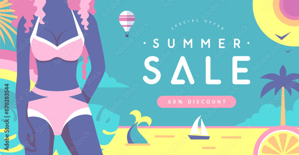 Retro flat summer big sale poster with beautiful girl in swimsuit on beach background. Vector illustration Retro flat summer big sale poster with beautiful girl in swimsuit on beach background. Vector illustration
