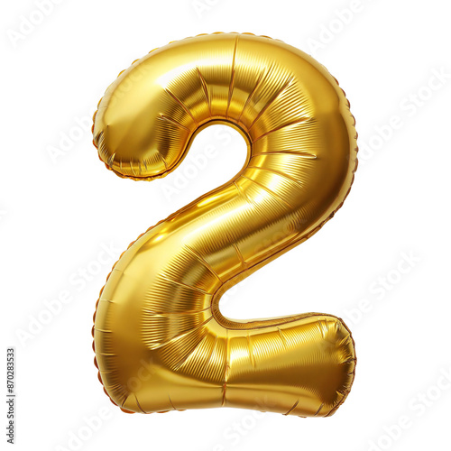 Number two font golden balloon isolated on transparent background