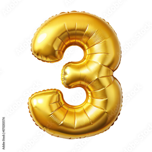 Number three font golden balloon isolated on transparent background