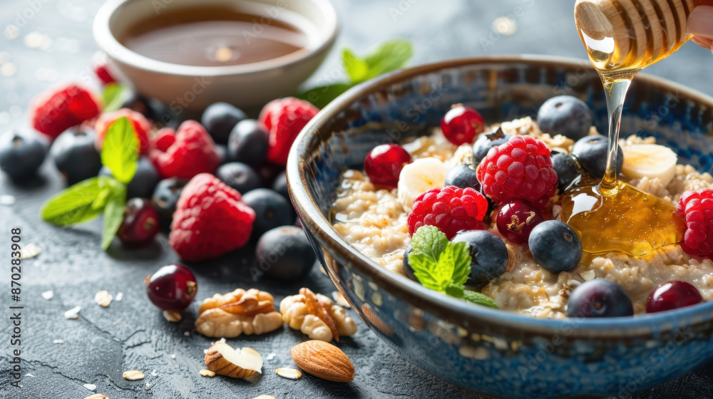 Delicious oatmeal with fresh berries, nuts, and honey drizzle in a ceramic bowl on a dark textured background Delicious oatmeal with fresh berries, nuts, and honey drizzle in a ceramic bowl on a dark textured background