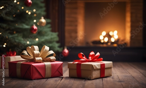 Gift boxes in front of Christmas tree background.