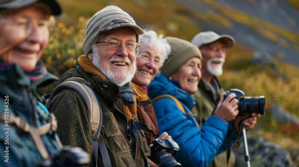 Fototapeta premium Elderly hikers capture fall mountain scenery with cameras, poster