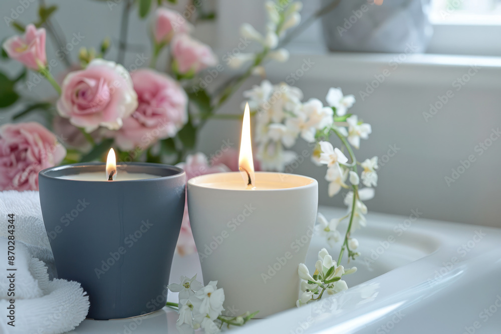 Two candles, one gray and one white, burn brightly in a bathroom sink surrounded by white and pink flowers