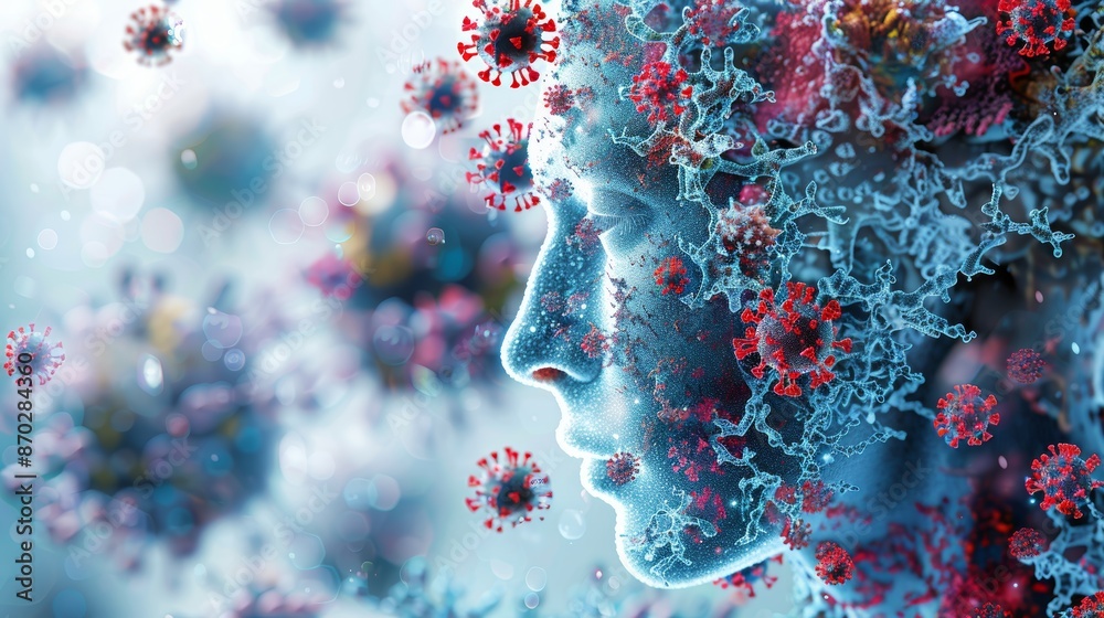 Fototapeta premium An educational 3D illustration showing how viruses spread from person to person, highlighting the importance of hygiene and prevention.