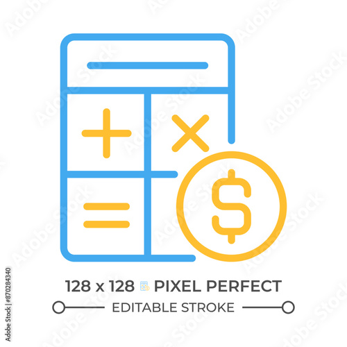 Counting money two color line icon. Financial accounting. Cash control. Income statement. Calculator bicolor outline symbol. Duotone linear pictogram. Isolated illustration. Editable stroke