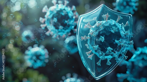 A conceptual 3D illustration of a shield with immune cells surrounding it, symbolizing protection against viruses.