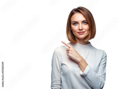 Woman pointing her finger to the side of empty space, isolated transparent background