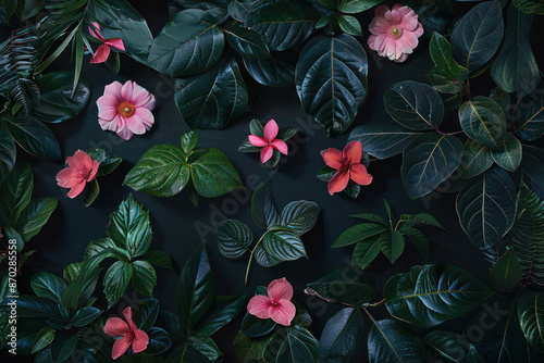 A flat lay image of dark green leaves and pink flowers arranged on a black background