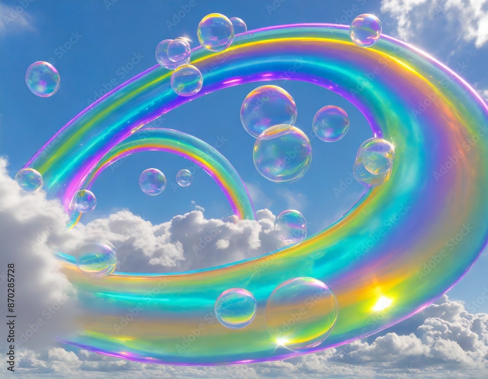 Rainbow 3d art, bubbles in a clean vibrant sky