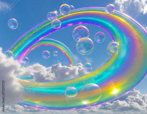 Rainbow 3d art, bubbles in a clean vibrant sky