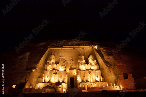 The Great Temple of Ramses II in the village of Abu Simbel at night
