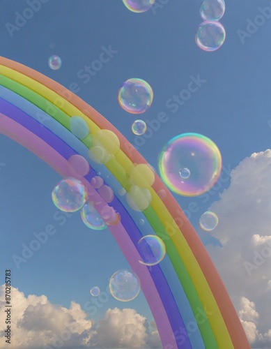 Rainbow 3d art, bubbles in a clean vibrant sky