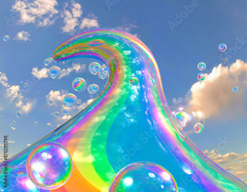 Rainbow 3d art, bubbles in a clean vibrant sky