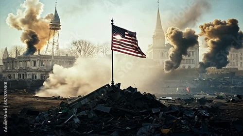 American flag waving over the rubble of the US Capitol building in Washington DC after an insurrection. photo