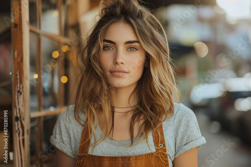 Wallpaper Mural Street style photography of a beautiful woman wearing an apron, showcasing the full apron, with empty copy space Torontodigital.ca