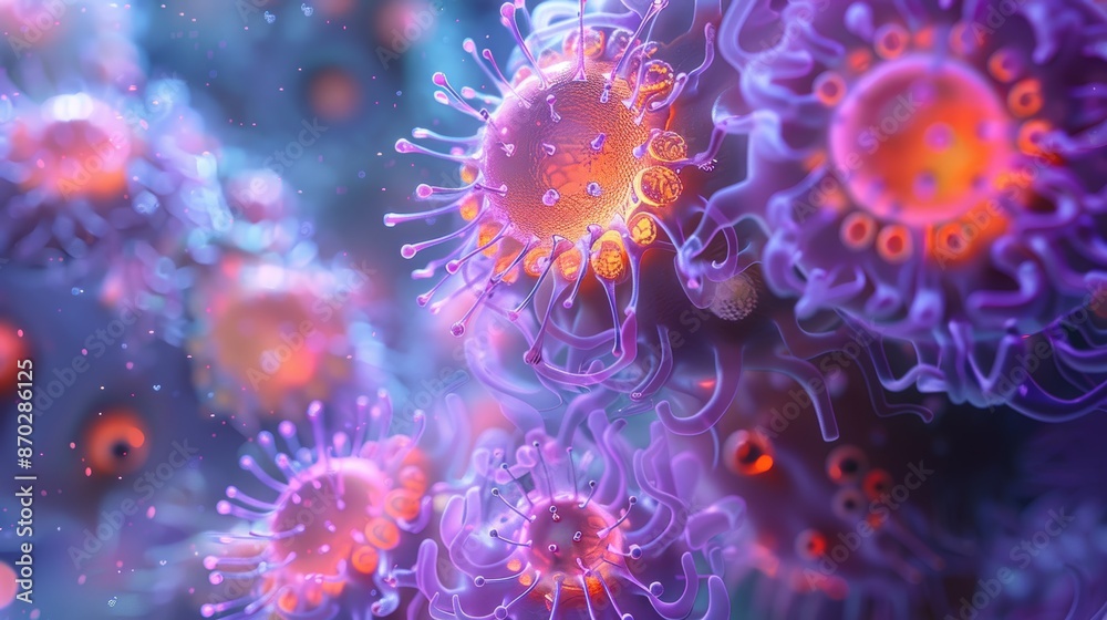 A scientific 3D illustration of a virus under a microscope, showing detailed structures and mechanisms of infection. A scientific 3D illustration of a virus under a microscope, showing detailed structures and mechanisms of infection.