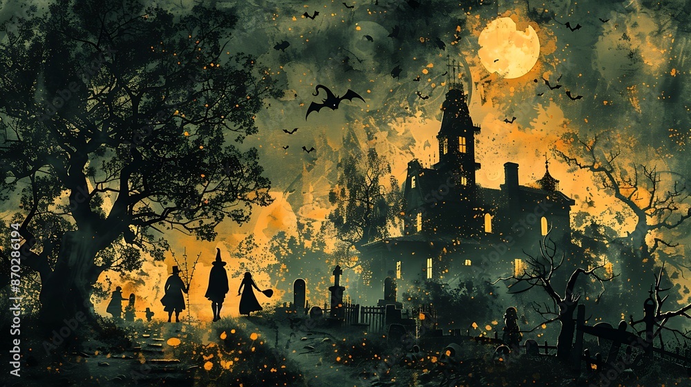 An eerie Halloween scene with silhouettes of trick-or-treaters walking ...
