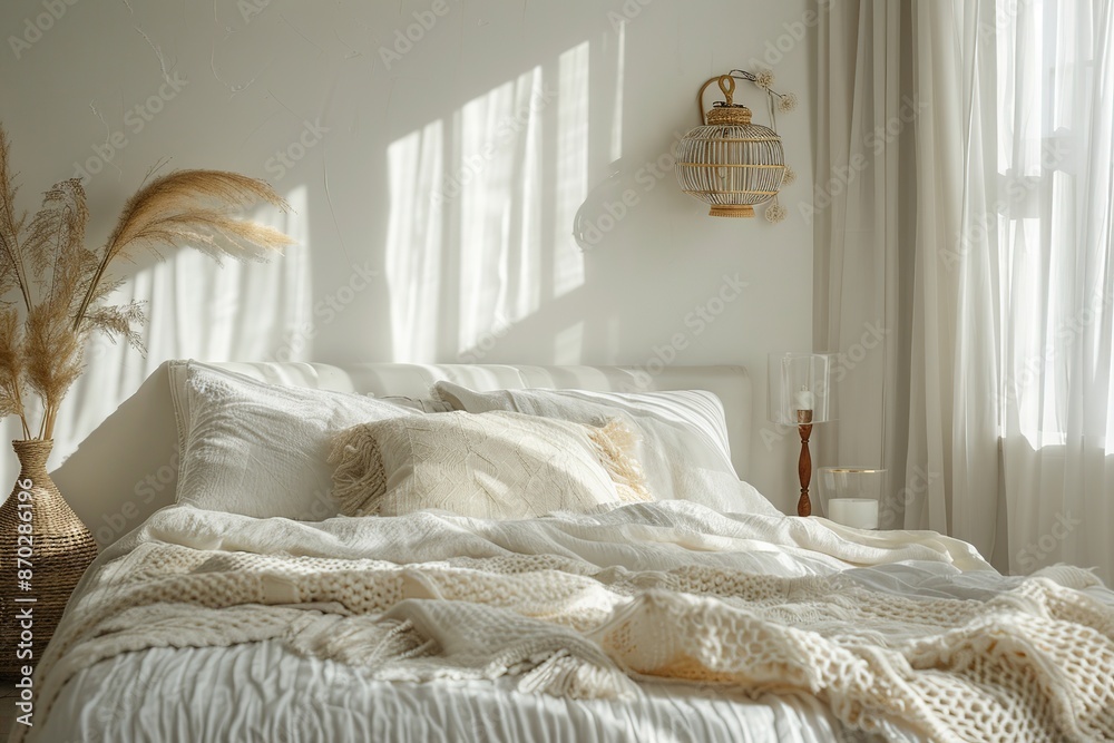 Cozy bedroom with neutral tones and soft textures Cozy bedroom with neutral tones and soft textures