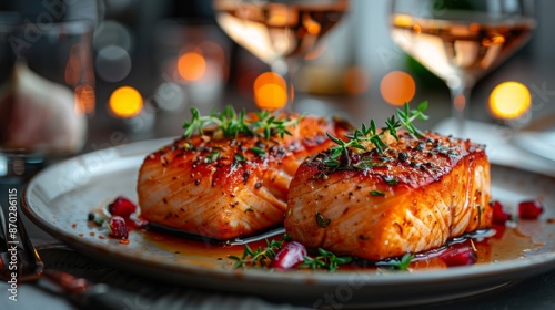 Grilled Salmon Fillets with Herbs and Glaze - Generative AI photo