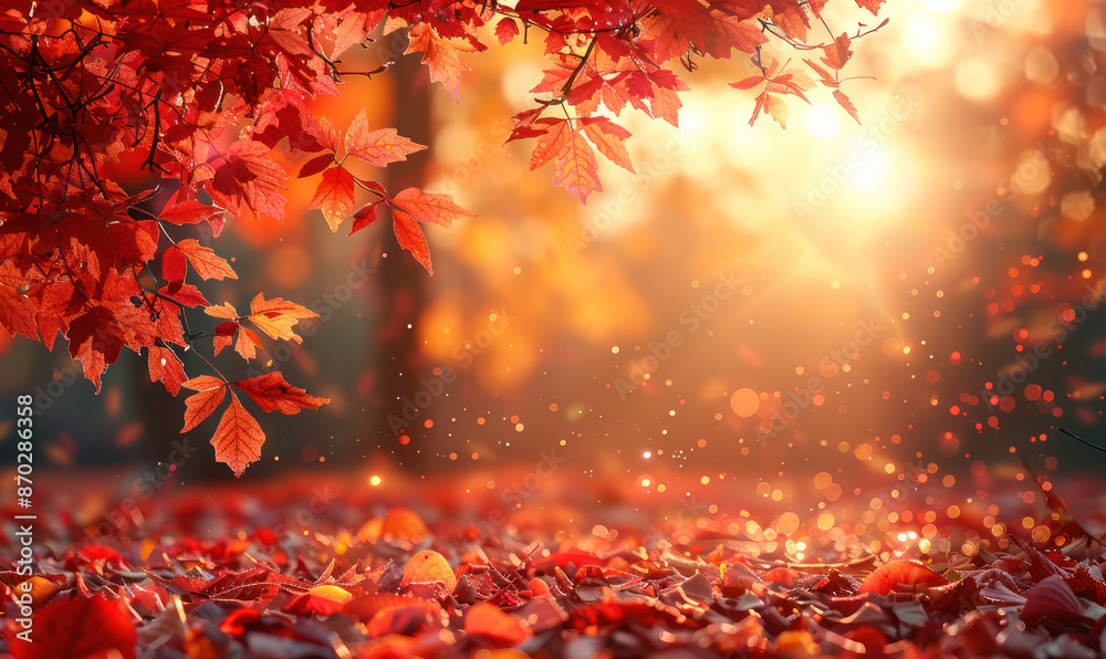 A close-up of autumn leaves on a sunny day, with a blurred background of a forest and sun shining through the leaves A close-up of autumn leaves on a sunny day, with a blurred background of a forest and sun shining through the leaves