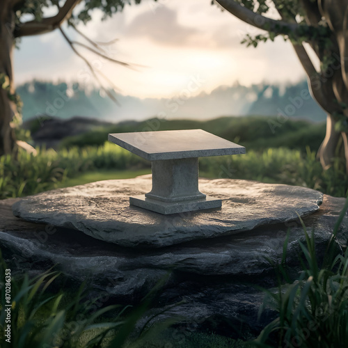 Stone podium on rock platform 3d illustration, grey rock pedestal for a product display stand, green forest and full blurred on the background, natural scenery