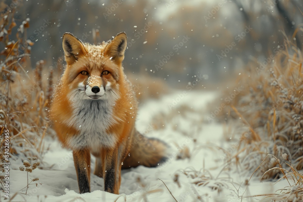 Curious fox exploring a snow-covered forest during winter. Curious fox exploring a snow-covered forest during winter.
